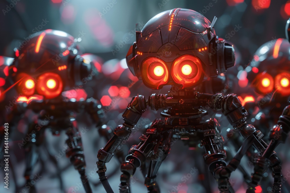 Poster army of small robots with glowing red eyes stands menacingly in a dark room, creating a dramatic and