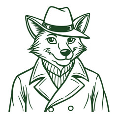 Clever fox wearing a stylish trench coat and classic fedora hat depicted as a vector illustration