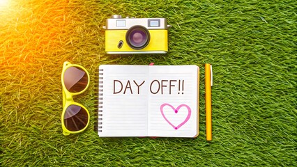 Notebook with text Day Off on grass with yellow camera sunglasses and pen, vacation and relaxation lifestyle concept 
