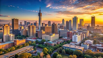 Fototapeta premium Panoramic view of Johannesburg skyline during early morning sunrise