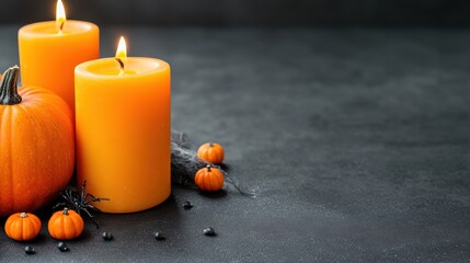 Orange Candles and Pumpkins Halloween Still Life on Dark Background