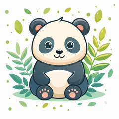 Naklejka premium Charming Cartoon Panda Surrounded by Lush Greenery: A Delightful and Heartwarming Scene