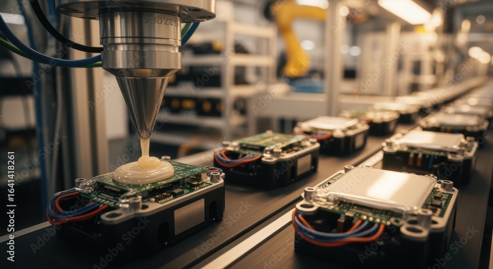 Poster assembly line with seismic sensor nodes passing through electronic potting station ensuring durabili