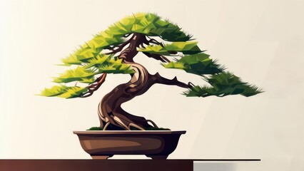 Stylized Bonsai Tree in Pot on Wooden Surface - Japanese Miniature Tree Art Illustration