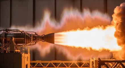 A cryogenic rocket engine emits massive plume of flame and vapor with smoke and heat distortion visible in the hotfire test environment.