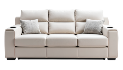Modern Dual Reclining Sofa with Built-In Cup Holders and Plush Armrests, Front View on a transparent background PNG