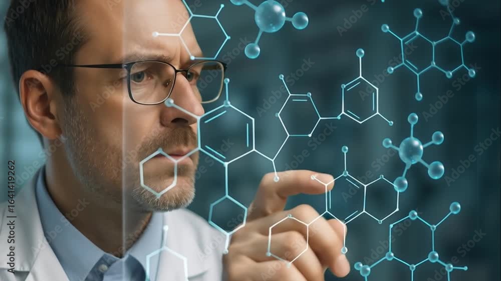 Poster scientist analyzing molecule structure research innovation lab technology