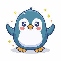 Obraz premium Adorable cartoon penguin with open wings illustration, sparkling stars around it
