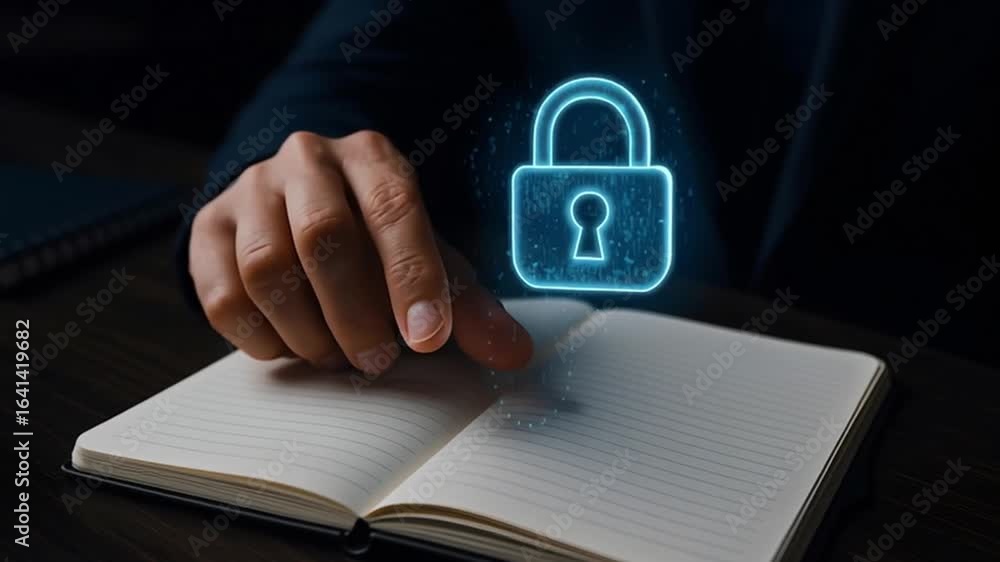 Poster Digital security concept: protecting data with a secure notebook and lock icon