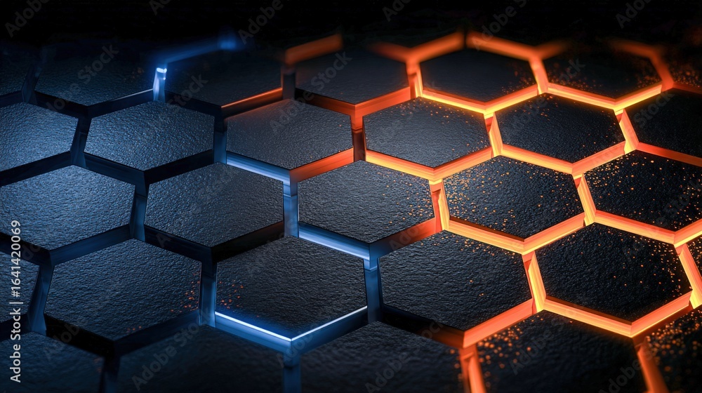 Poster abstract hexagonal background with contrasting blue and orange lighting for technology and science c