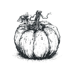 Black and white ink drawing of a ripe pumpkin with a leafy vine