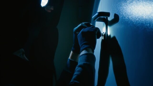 Professional hands of unrecognizable thief picking door lock while his accomplice illuminating door with flashlight