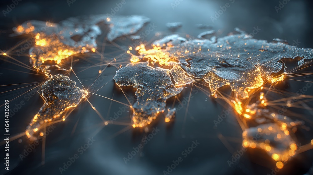 Poster global network connectivity: illuminated world map visualization of international data communication