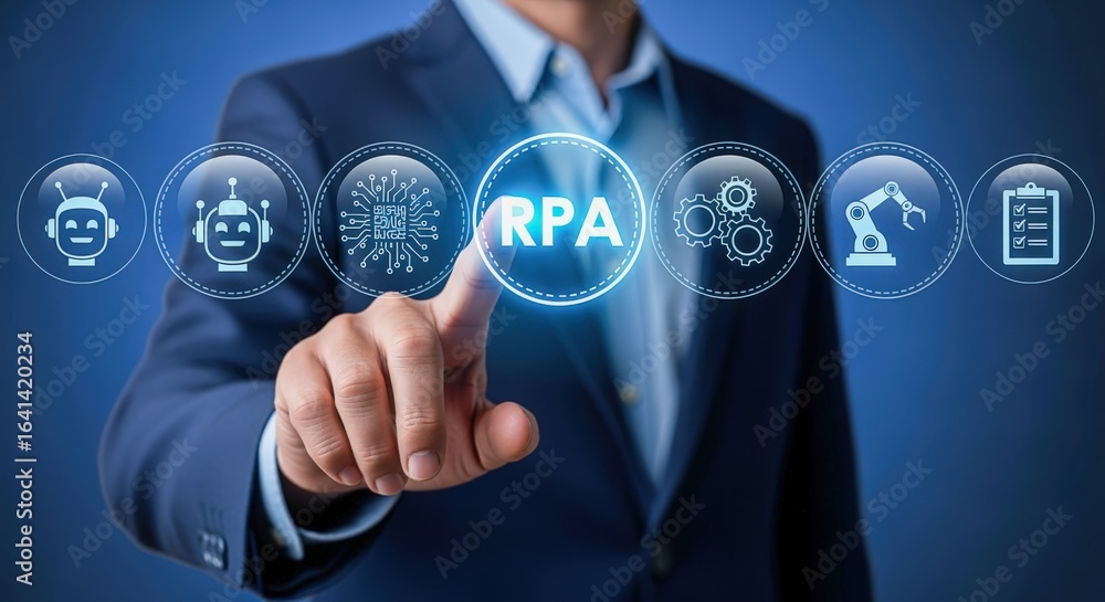 Aufkleber robotic process automation concept, business man touching rpa automation with futuristic technology 