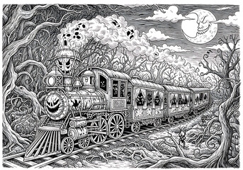 Monochrome halloween train with ghostly figures and spooky moon