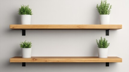 Two wooden wall shelves with black metal brackets hold four small white pots, each containing green leafy plants, arranged neatly against a plain light-colored wall.