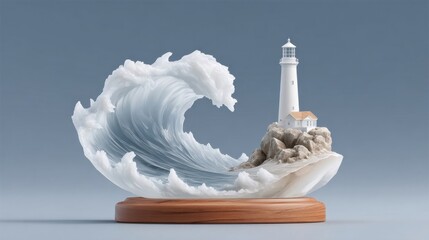 A beautifully crafted lighthouse sculpture amidst a detailed wave design on a wooden base.