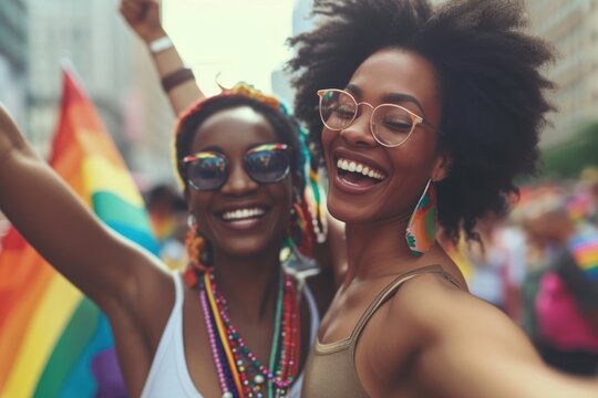 African American lesbian couple celebrating at a parade carnival glasses jewelry.