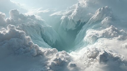 A breathtaking view of swirling clouds revealing a deep, serene blue abyss below.