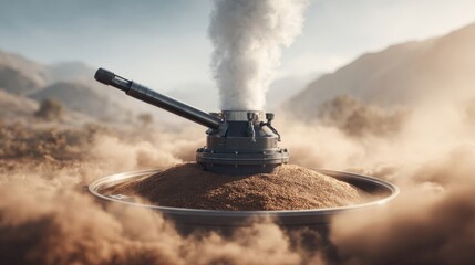 A cannon-like structure emits steam, situated atop a mound of granular material in a dusty landscape.