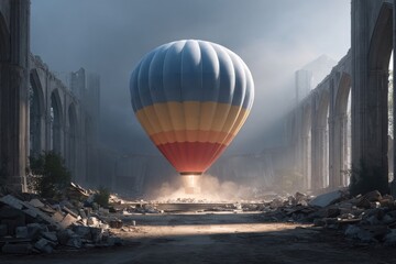 A colorful hot air balloon rises in a ruined building, surrounded by debris and mist.
