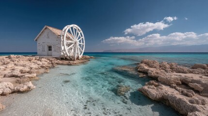 A coastal scene featuring a white wooden house and a large water wheel near clear turquoise waters.