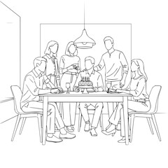A group of people celebrating a birthday with cake and drinks around a table in a home setting