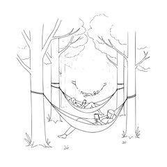 People relaxing in hammocks strung between trees in a forest setting on a summer day drawing