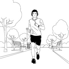 Man with headphones running on a park path surrounded by trees and benches in black and white style