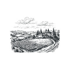 Vineyard landscape with farmhouse and cypress trees under cloudy sky