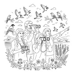 Family birdwatching in nature with binoculars and flying birds in the sky with flowers and plants