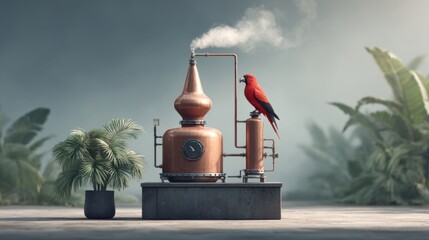 A copper distillation apparatus with a parrot perched on top, surrounded by lush foliage.