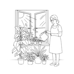 Elderly woman watering plants by an open window with sunlight and falling leaves in a line drawing style