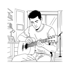 Man playing acoustic guitar in a room with a window, desk, lamp, and microphone stand in black and white