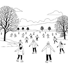 People ice skating on a frozen lake surrounded by bare trees and distant mountains in winter time
