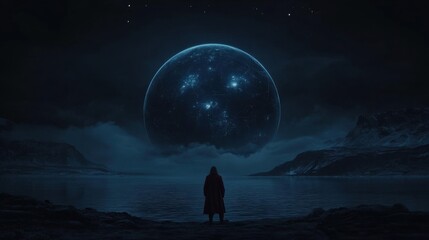 A figure in a red cloak stands by a serene lake, gazing at a large glowing celestial sphere.