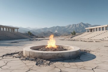 A fire burns in a circular stone pit amidst ancient stone structures and mountains under a clear sky.