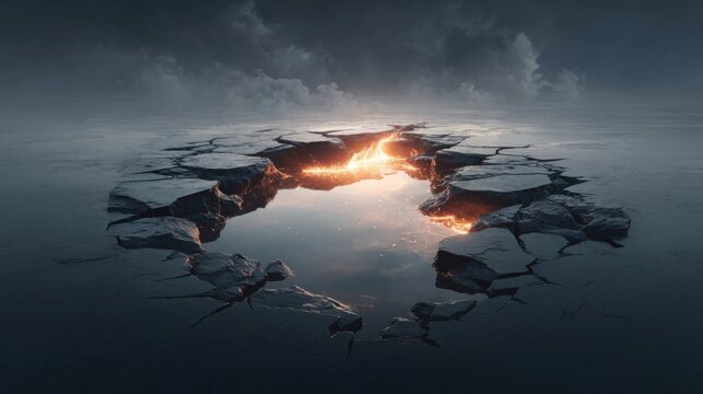 A dramatic crack in the ground reveals glowing molten lava with a reflective surface.