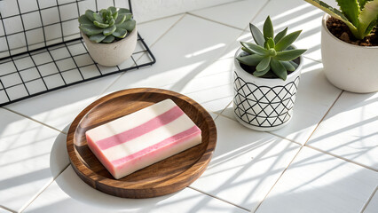 Pink and White Striped Soap on Wooden Loofah with Succulent Plant