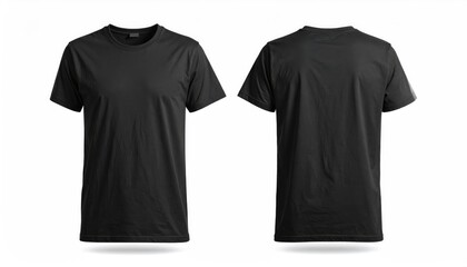 A plain black t-shirt displayed from front and back views on a white background