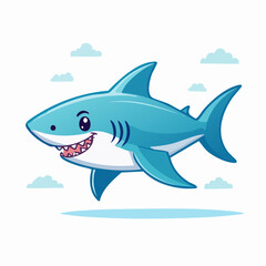 Obraz premium Cartoon Shark with Smiling Face Swimming in the Sea Surrounded by Clouds Illustration
