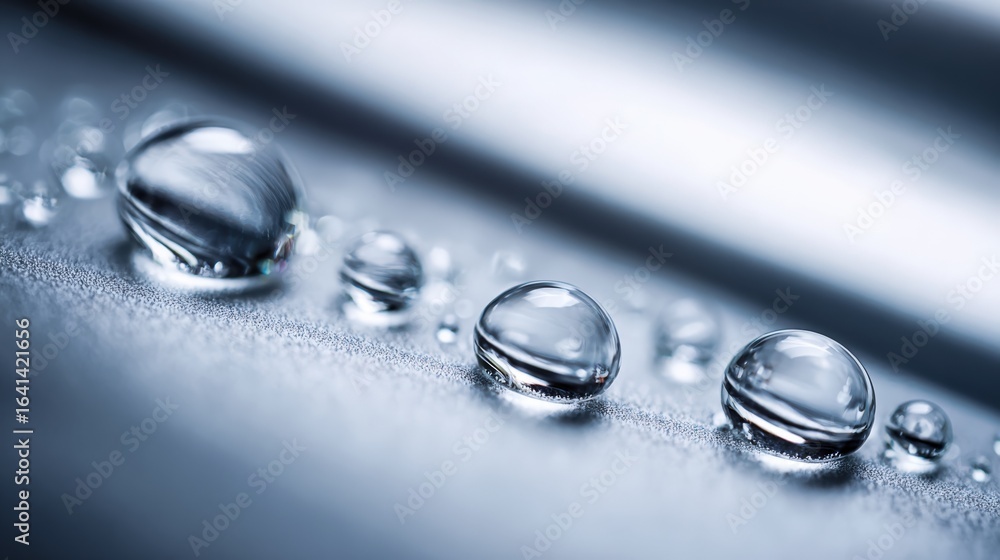 Poster water droplets on a smooth surface: captivating macro shot for refreshment and purity concepts