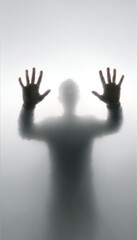 A blurred figure stands behind frosted glass, hands pressed against the surface