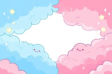 Obraz premium Cute, cartoonish clouds in light blue and pink frame a white space. Fluffy, smiling clouds with star accents. Simple, pastel color palette