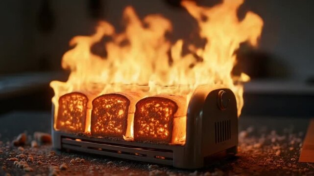 A toaster engulfed in flames with burnt toast 