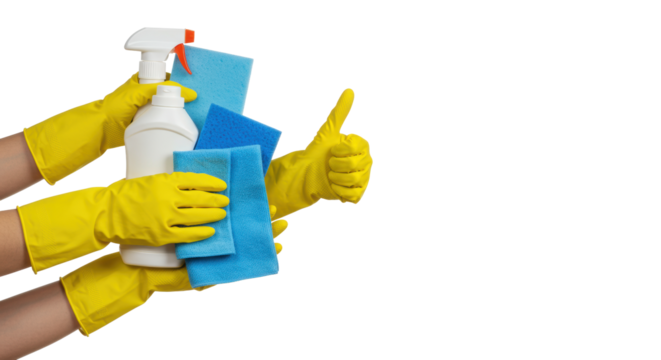 Bright yellow gloved adult hands hold cleaning supplies on a transparent background with copy space, one hand gives thumbs-up, concept of successful cleaning efficiency