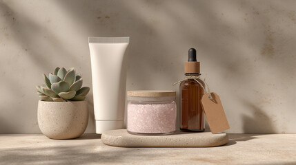 Obraz premium Minimalist skincare products and succulent on warm beige stone surface.