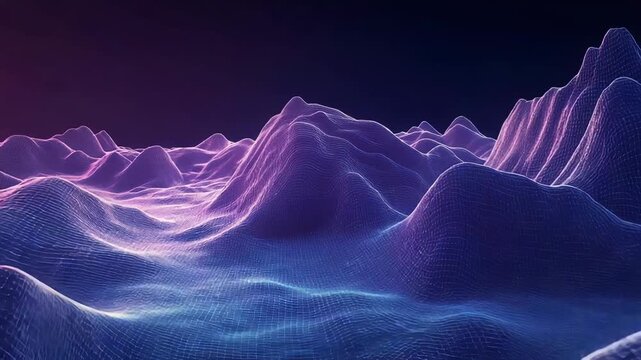 Glowing wireframe landscape forming mountain range in digital world