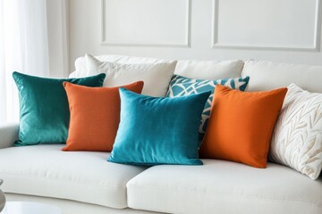 Stylish White Living Room Decorated with Teal and Orange Throw Pillows for a Cozy Vibe