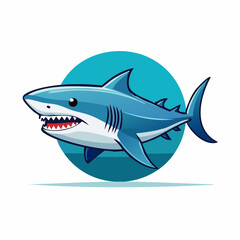 Obraz premium Cartoon shark with sharp teeth against teal circle simple vector illustration